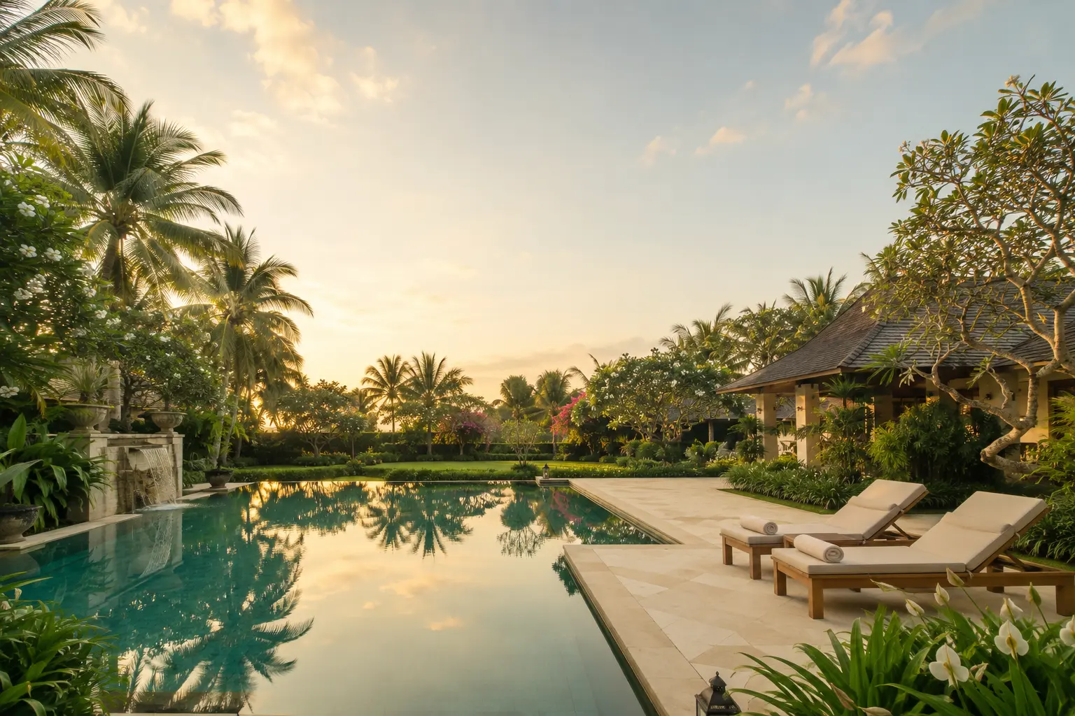 Lush gardens and pool at Villa Crystals